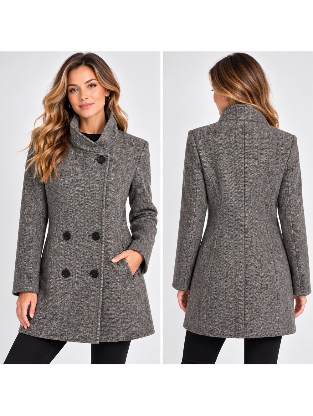 Vintage Herman Kay Wool Coat Women L Gray Herringbone USA Made Old Money Preppy